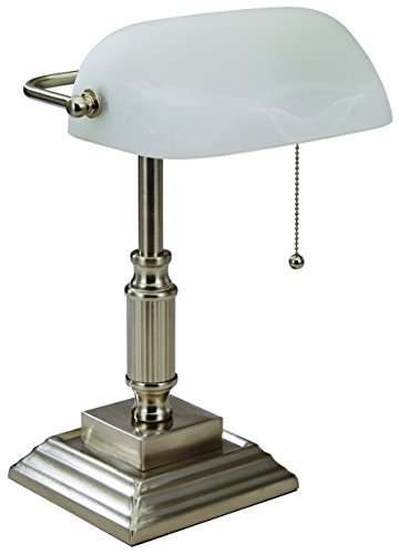 V-LIGHT White Shade Bankers Lamp with Replaceable LED Bulbs Brushed Nickel Finish 8VS688029BN