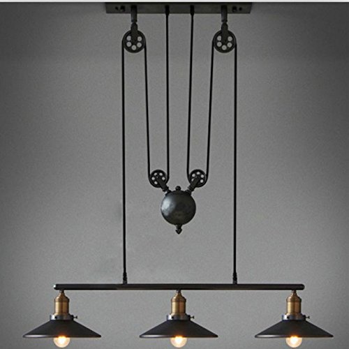 Winsoon Creative Pulley Design Black Iron Painted 3-lights Island Light Bar Retro Hanging Lamp 3 Heads