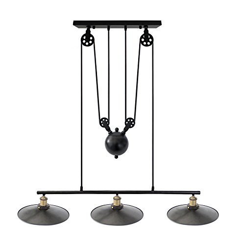 Winsoon Large Size Black Iron Painted Creative Pulley Style 3-lights Vintage Pendant Lighting For Kitchen Island