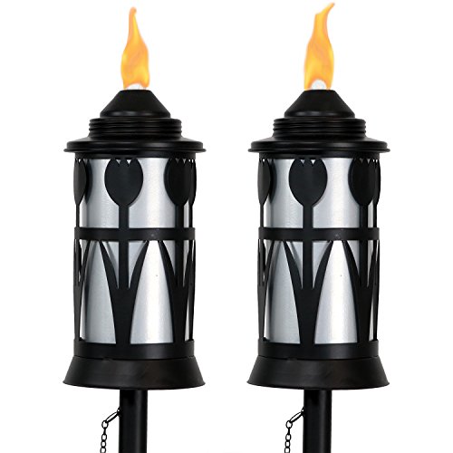 Sunnydaze Metal Outdoor Torch Jar with Tulip Design Steel Patio Citronella Torches Includes Snuffer 22- to 64-Inch Adjustable Height Set of 2 BlackSilver