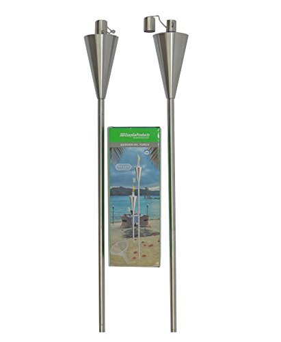 Patio Torch - 2 Pack - Outdoor Garden Oil Lamp Lanterns with Decorative Stainless Steel Canister and Stand Stake - 45 Inches Tall Each - Thick 75 Long Lasting Fiberglass Wick - Includes 2 Torches
