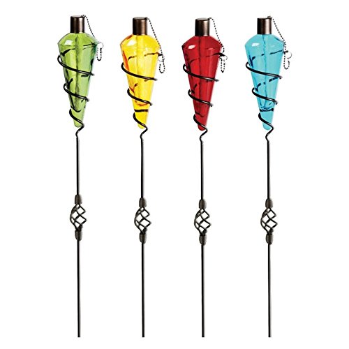 Psw Torches Assorted Color Outdoor Glass Tiki Torch Light With Metal Stand - Set Of 4