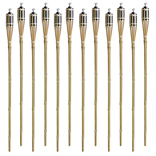 Bamboo Tiki-style Torches - Set Of 12 - 48&quot Length - Metal Oil Canister