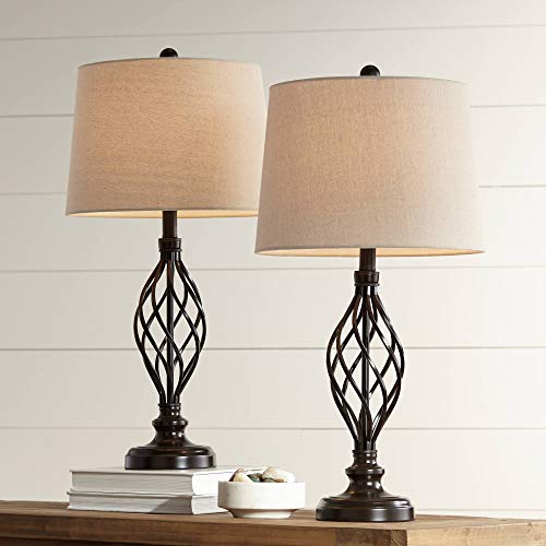 Annie Traditional Table Lamps Set of 2 Bronze Iron Scroll Tapered Cream Drum Shade for Living Room Family Bedroom - Franklin Iron Works
