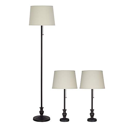 Catalina Lighting 21892-001 Traditional 3-Piece Metal Floor Table Lamp Set with Pull Chain and Linen Shades LED Bulbs Included 58 and 26 BronzeWhite
