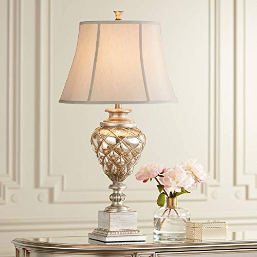Luke Traditional Table Lamp with Nightlight LED Mercury Glass Off White Mist Fabric Bell Shade for Living Room Family - Barnes and Ivy