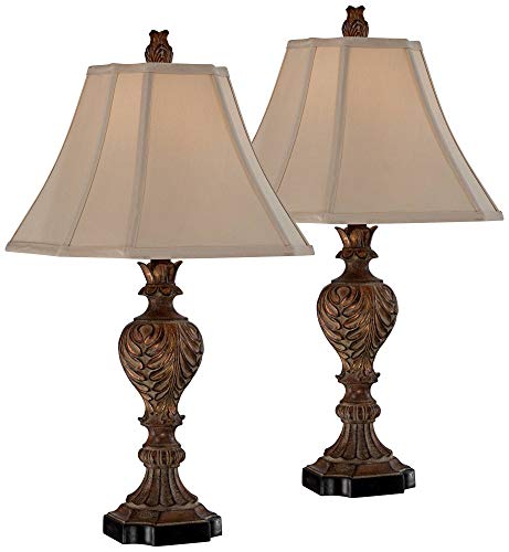Regio Traditional Table Lamps Set of 2 Carved Brown Leaf Tan Sheer Fabric Square Bell Shade for Living Room Family Bedroom - Regency Hill