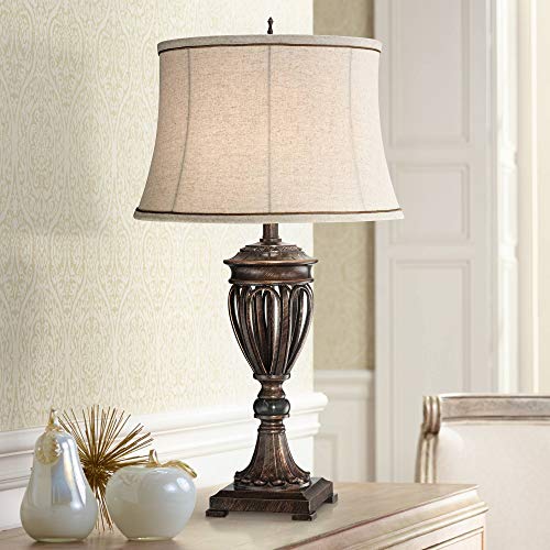 Traditional Table Lamp Bronze Open Urn Tan Drum Fabric Shade for Living Room Family Bedroom Bedside Nightstand Office - Regency Hill