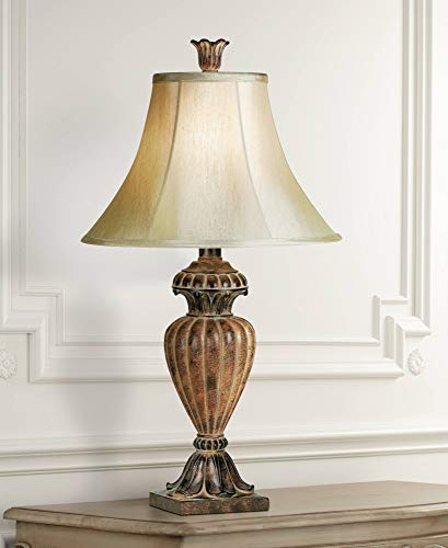 Traditional Table Lamp Urn Two Tone Bronze Off White Bell Shade for Living Room Family Bedroom Bedside Nightstand - Regency Hill