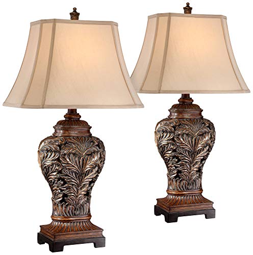 Traditional Table Lamps Set of 2 Bronze Curling Leaves Tan Rectangular Shade for Living Room Family Bedroom Bedside - Barnes and Ivy