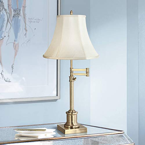 Westbury Traditional Swing Arm Desk Table Lamp Adjustable Height Antique Brass Imperial Creme Fabric Bell Shade for Living Room Bedroom Bedside Nightstand Office Family - 360 Lighting