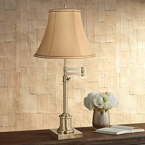 Westbury Traditional Swing Arm Desk Table Lamp Adjustable Height Antique Brass Tan Fabric Bell Shade for Living Room Bedroom Bedside Nightstand Office Family - 360 Lighting