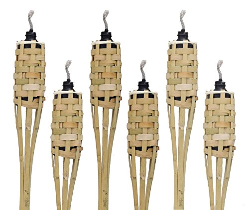 Island Tiki Torch Bundle 12 Pack WITH CAPS Extra Long 5FT60IN Bamboo Torches - Angled Tip - Large Oil Canister - Long Wick
