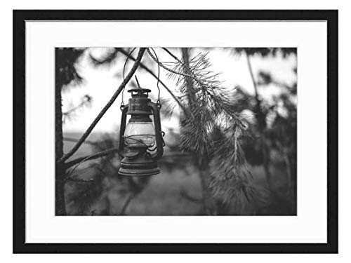 Wood Framed Canvas Artwork Home Decore Wall Art Black White 20x14 inch - Kerosene Lamp Woods Paraffin Light Old Vintage