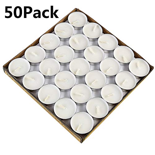 YEDAN Tea Lights Candles 50 Pack Colorful Tealights Paraffin Pressed Wax About 2 Hours Burn Time for Travel Centerpiece Decorative Gifts Happy Birthday New Year White