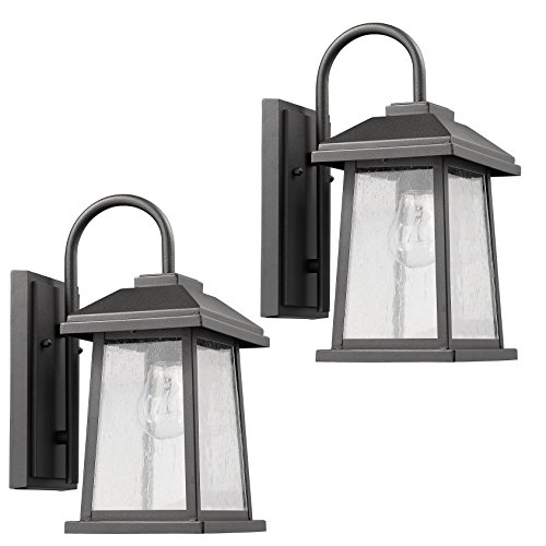 Textured Black Outdoor Wall Sconce Rectangular Glass Lantern Lamp 2-Pack