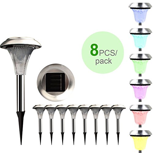 TopYart 8Pcs Outdoor Color Changing LED Lights Stainless Steel Solar Path Lamp Landscape Outdoor Patio Lights