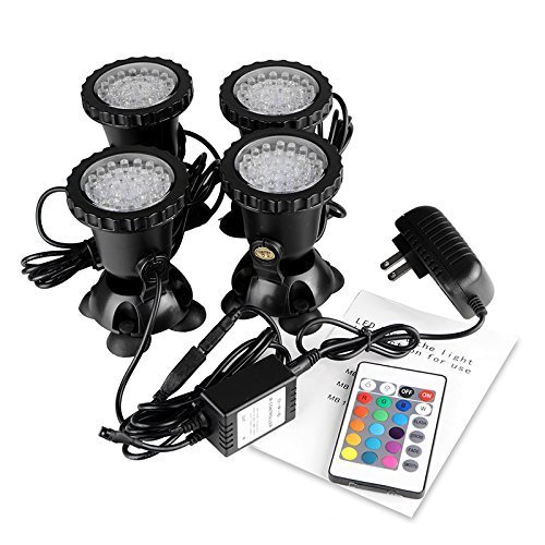 Aquarium Led Spot Light ONEVER 36LED Underwater Spot Light Submersible Lamp for Fish Tank Garden Pond Fountain Aquarium with Remote Control  Set of 4