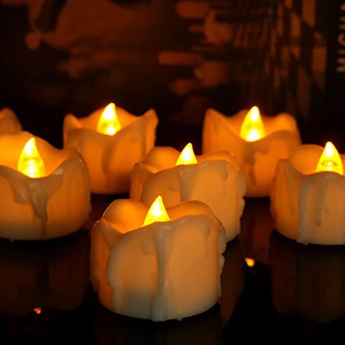 Micandle 24pcs Amber Yellow Flickering Timing Function6 Hours on 18 Hours Off Flameless LED Tea Lights Candles with Timertear Wax Dripped Battery Operated Electronic Candles for Wedding Party