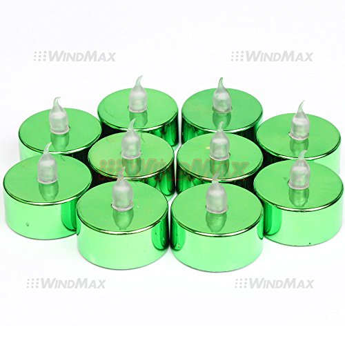 WindMax US Seller 10PCS Pack Metal Green Body Color Tea Lights Battery Powered Flameless LED Wedding tealight Candle Xmas Party Decorations