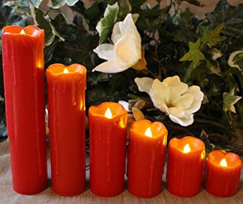 LED Lytes Flameless Candles with Timer SLIM Set of 6 2 WIDE and 2- 9 TALL Red Color Wax and Amber Yellow Flame for Holidays Weddings and Parties