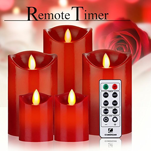 Battery Operated Candles Red Flameless Candles with Remote Timer 24- Hours Flickering Candles Set of 5 for Parties Gifts Decoration UseRed-Comenzar