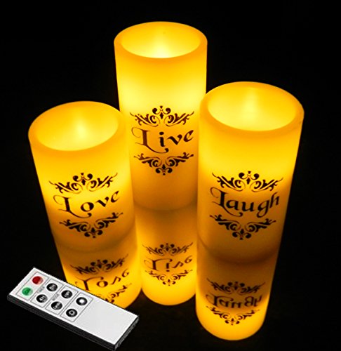 EGI - Set of 3 Flickering Flameless Candles With Remote Control and Timer - Romantic Led Candles - With Live Love Laugh Decal - Made With Real Wax