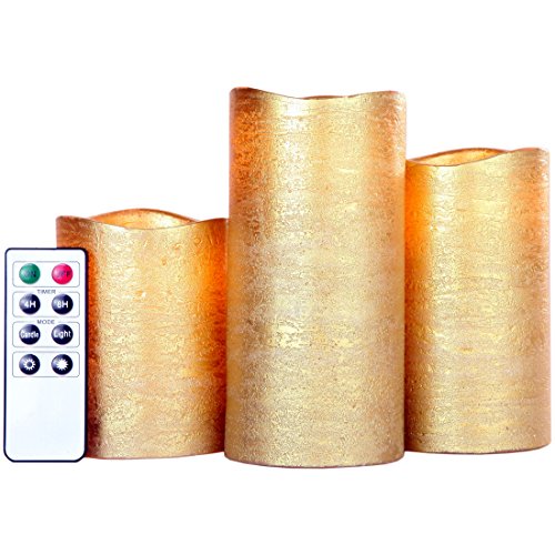 Lilys Home Everlasting Flameless Led Candles With Remote And Timer Set Of 3 Candles - Gold