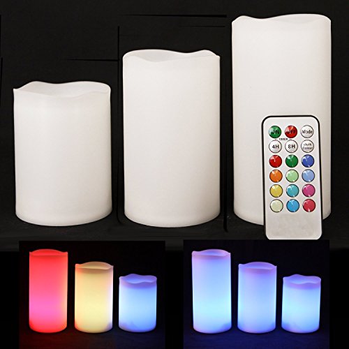 MakeTheOne flameless candles with remote Control Timer - 3 x Flameless Battery Operated Real Wax Pillars - 12 LED Color Settings Ivory Color