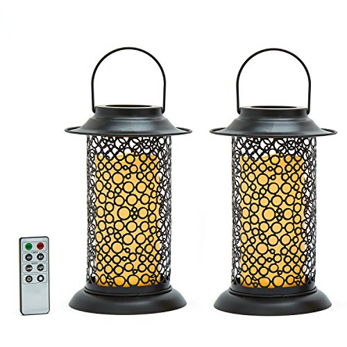 Set of 2 Metal Scroll Cirque Lanterns with 6 Outdoor Flameless Candles and Remote Batteries Included Great for Holiday Decorations