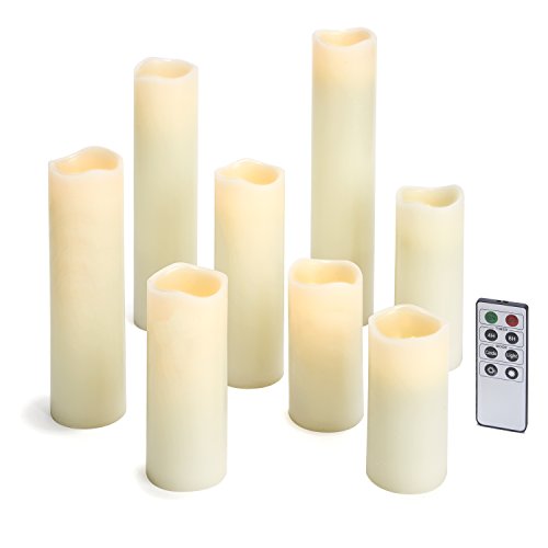 Set of 8 Slim Flameless Smooth Wax Candles with Bright Warm White LEDs Remote Included Featuring Dimmable and Timer Options Batteries Included