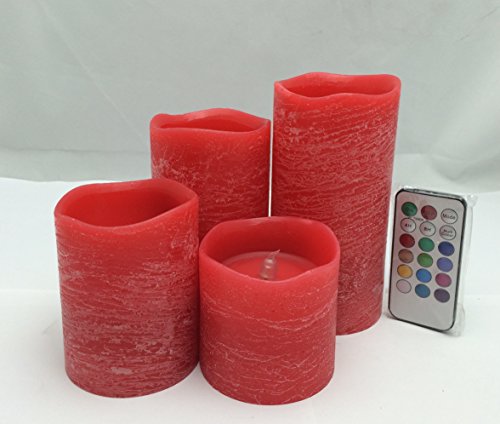 Adoria Tm-wax Battery Operated Red Pillar Candles With Rustic Effect-multi Function Remote With Timer-color Changing