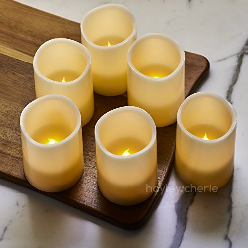 Hayley Cherie - Real Wax Flameless Candles with Timer Set of 6 - Ivory LED Candles 3 wide x 4 tall - Flickering Amber Flame - Battery Operated Pillar Candles - Unscented