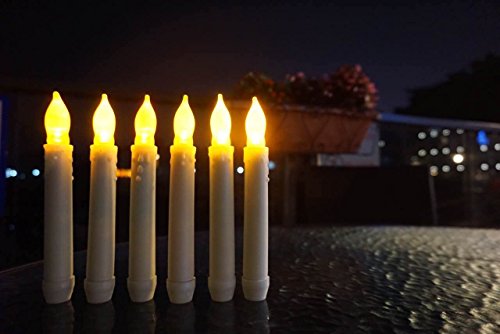 Led-magic(tm) Set Of 12 Flameless Ivory Mini Wax Dipped Flickering Amber Led Battery Timer Taper Candles