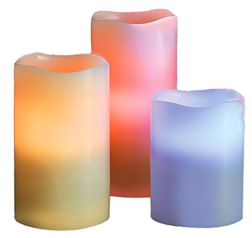 Real Wax Electric Flameless Candle Pillars Multicolor including Realistic Flame Flickering LED Flame with Remote Control and Timer Set of Three