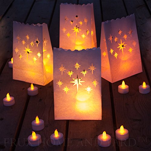 Frux 24 Flameless Tea Lights - Yellow Flickering Led Tealight Candles With 12 Bonus Luminary Bags