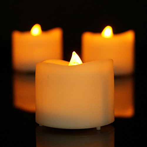 Youngerbaby 12pcs Amber Yellow Flameless Flickering Tea Lights With Timer - 6 hrs On 18 hrs Off - Battery Operated LED Tealight Candles Free Fake Rose Petals For Wedding Christmas Home Decoration