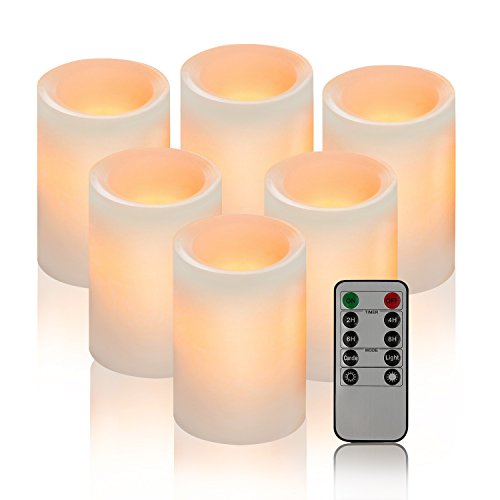 Calm-life Classic Pillar Real Wax Flameless LED Candles 3 X 4 with Timer 10-key Remote Control Feature Ivory Color - Set of 6