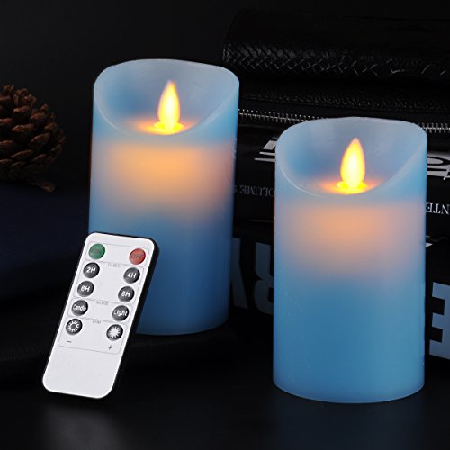 Calm-life Classic Pillar Real Wax Flameless LED Candles 3 X 5 with Timer 10-key Remote Control Feature Blue Color - Set of 2 2 Blue
