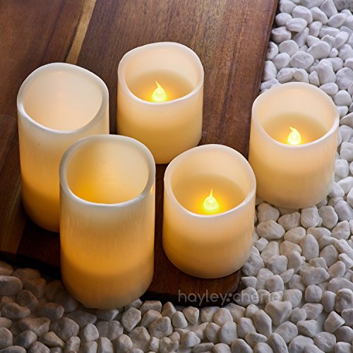 Hayley Cherie - Real Wax Flameless Candles with Timer Set of 5 - Ivory LED Candles 5 and 3 tall - Flickering Amber Flame - Battery Operated Pillar Candles - Unscented