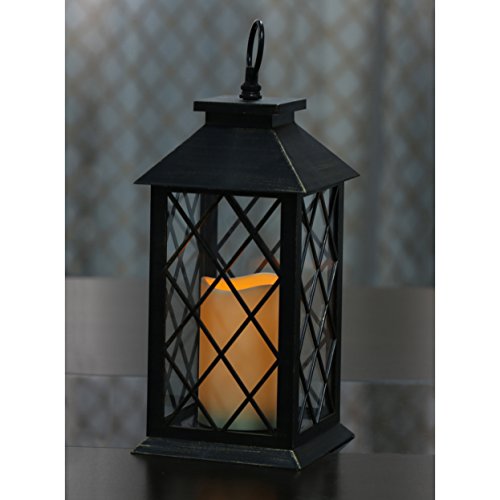 13 Tall Decorative Lantern containing a flameless LED Pillar Candle Black Rustic Brush finish with innovative Weatherproof Hanging Ring Great for a celebratory Center piece at any festive event