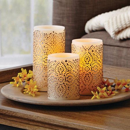 3 Malaysian Motif Flameless LED Pillar Candles Gold BH1605939905 by Better Homes and Gardens