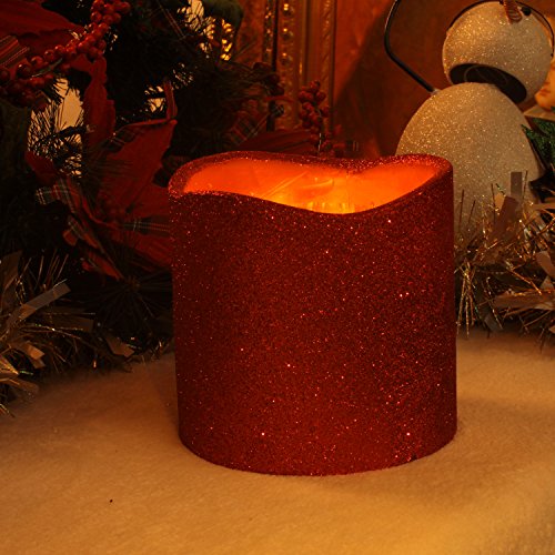 Dfl 6x6 Inch Flameless Real Wax Led Pillar Candle With Timer With Red Color Glitter Powder