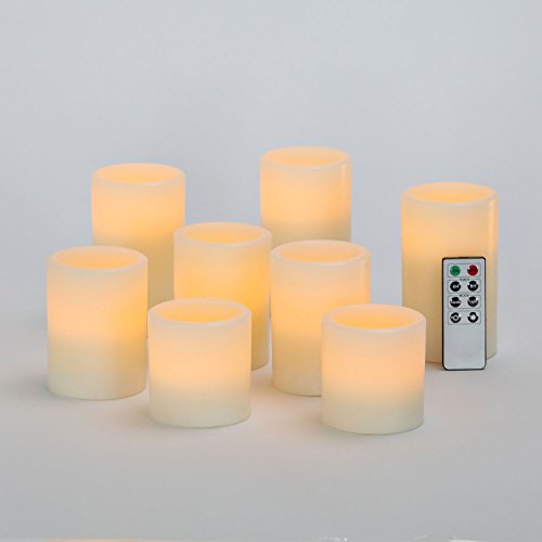 Variety Set Of 8 Flat Top Flameless Cream Wax Pillar Candles With Warm White Leds 8 Function Remote And Batteries