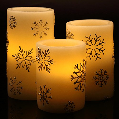 Vinkor Flickering Flameless Candles Set Of 3- Led Romantic Snowflake Flameless Pillar Candlesamp 10-key Remote
