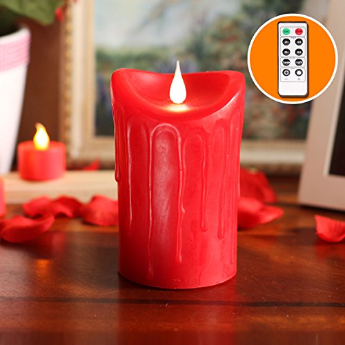 simplux Dripping Free-Flowing 3D Fireless Flame LED Pillar Candle with Remote ControlBattery Operate 35x525 Red
