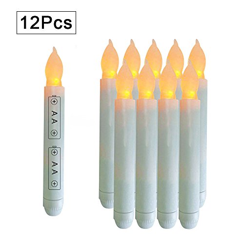 Cozeyat 12pcs LED Taper Candles Yellow Flickering Battery Operated Flameless Candle Lights for Candlestick Christmas Party Tree Decor Halloween Home Table Decoration Battery not Included