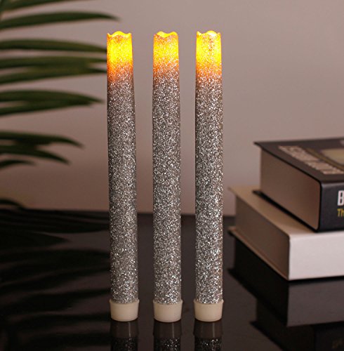 GiveU Flameless Taper Candle with TimerBattery Operated Taper Candles Set of 3 9 Silver Glitter