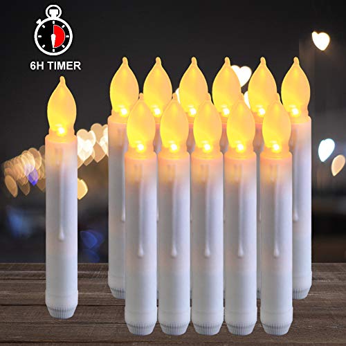 Raycare 12pcs LED Flameless Taper Candles with 6H Timer 079×69 Tapered Candlesticks Battery Operated with Warm Yellow Flickering Flame Dripless Candles for Church Themed Party Decorations