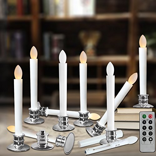 Flameless Taper Candles Led  Christmas Timer Candles Flickering AAA Battery Operated Remote  Electric Window Ivory Candles with Removable Holders Gift Party Wedding Decoration 10pcs Silver Base